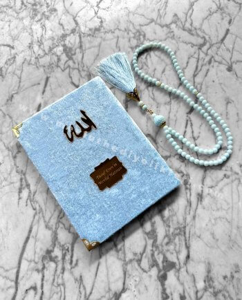 kadife kaplı yasin inci tesbih kadife bebek mevlüt hediyelikleri mavi renk